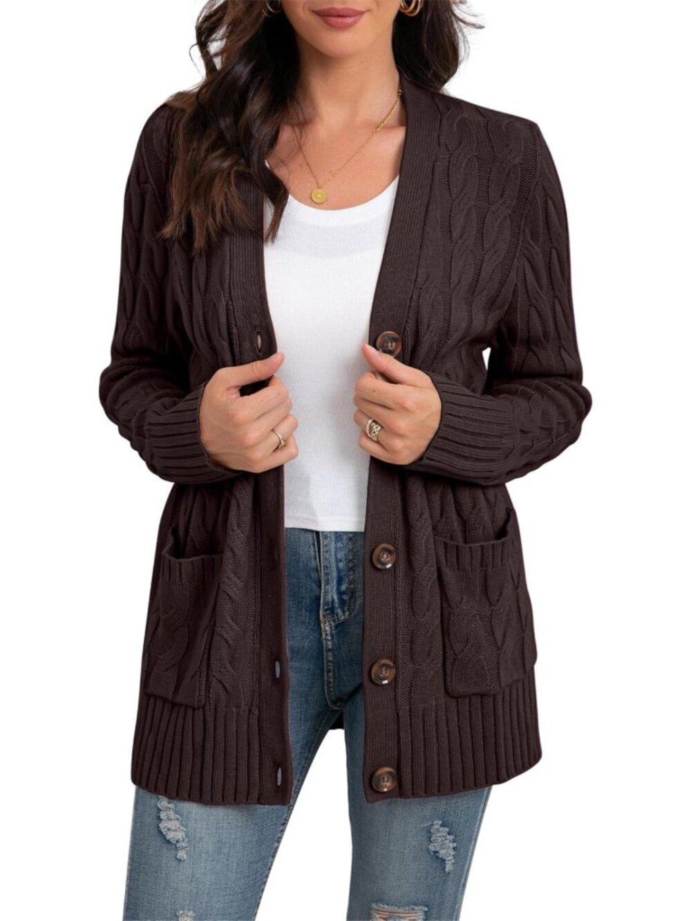 Cozy Long Sleeve Cable Knit Cardigan Sweater with Pockets for Women